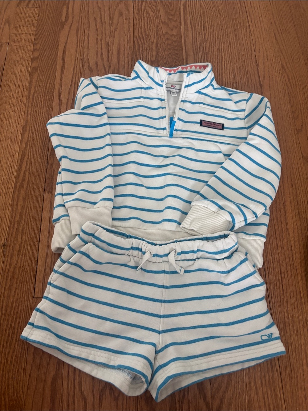 Vineyard Vines White and Light Blue Striped Kids Pullover & Shorts Set